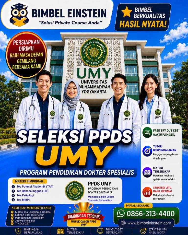 Flyer Bimbel Einstein untuk persiapan Seleksi PPDS UMY Universitas Muhammadiyah Yogyakarta, bimbingan TPA, TBI, Psikologi, MMPI, dan Free Try Out CBT.