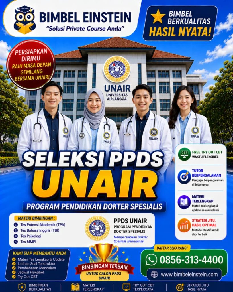 Flyer Bimbingan Belajar Seleksi PPDS Universitas Airlangga (UNAIR) Surabaya dari Bimbel Einstein, menampilkan program persiapan TPA, TBI, Psikotes, MMPI, dan Try Out CBT